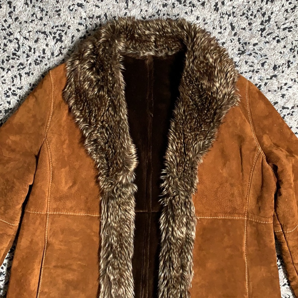 Marvin Richards Vintage Brown Leather Lined Fur Trim Long Coat XL - Picture 5 of 13